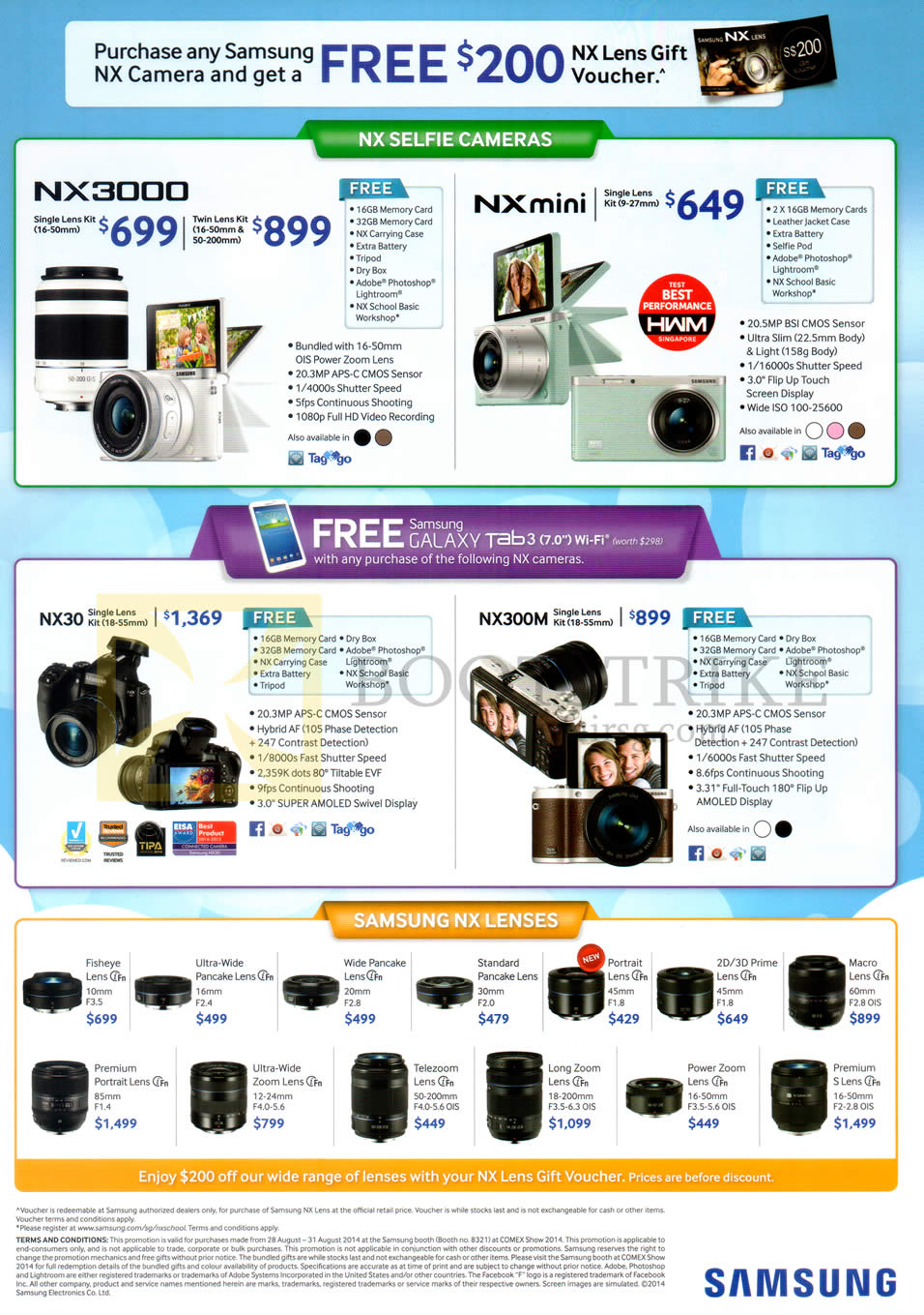 COMEX 2014 price list image brochure of Samsung Digital Cameras NX3000, NX Mini, NX30, NX300M, NX Lenses