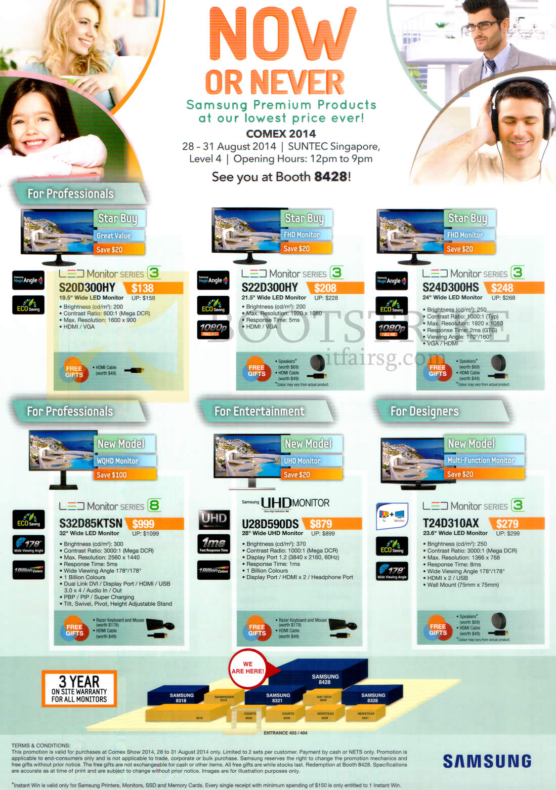 COMEX 2014 price list image brochure of Samsung LED Monitors S20D300HY, S22D300HY, S24D300HS, S32D85KTSN, U28D590DS, T24D310AX