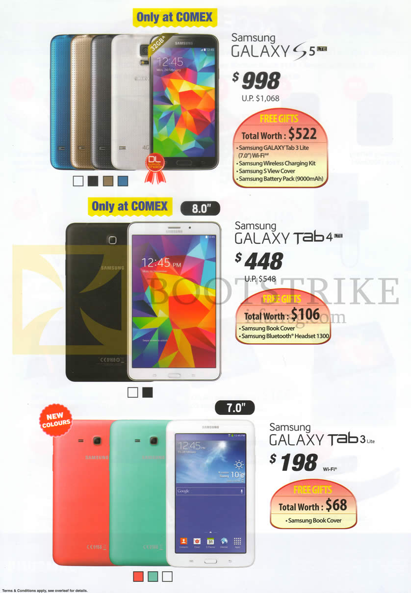 COMEX 2014 price list image brochure of Samsung Mobile Phones, Tablets, Galaxy S5, Tab 4 8.0, Tab 3 7.0