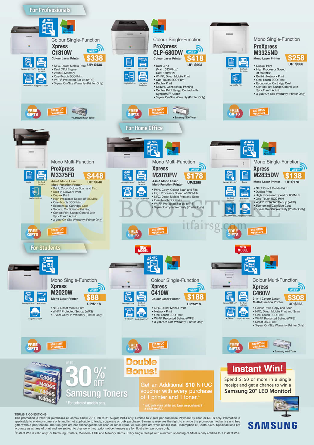 COMEX 2014 price list image brochure of Samsung Printers Laser Xpress C1810W, ProXpress CLP-680DW, M3325ND, M3375FD, M2070FW, M2835DW, M2020W, C410W, C460W