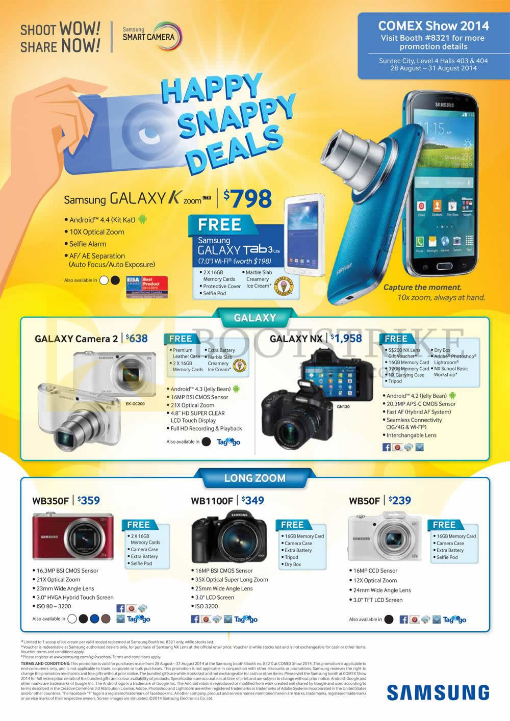 COMEX 2014 price list image brochure of Samsung Smartphones Digital Cameras Galaxy K Zoom, Galaxy Camera 2, Galaxy NX, WB350F, WB1100F, WB50F