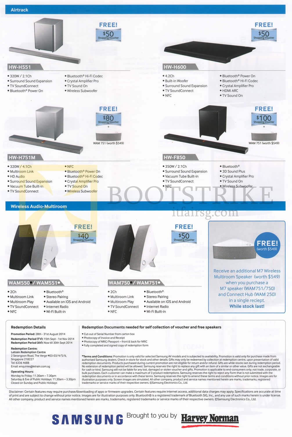 COMEX 2014 price list image brochure of Samsung Speakers (No Prices) Air Track, Wireless Audio Multiroom HW-H551, HW-H600, HW-H751M, HW-F850, WAM550, WAM551, WAM750, WAM751