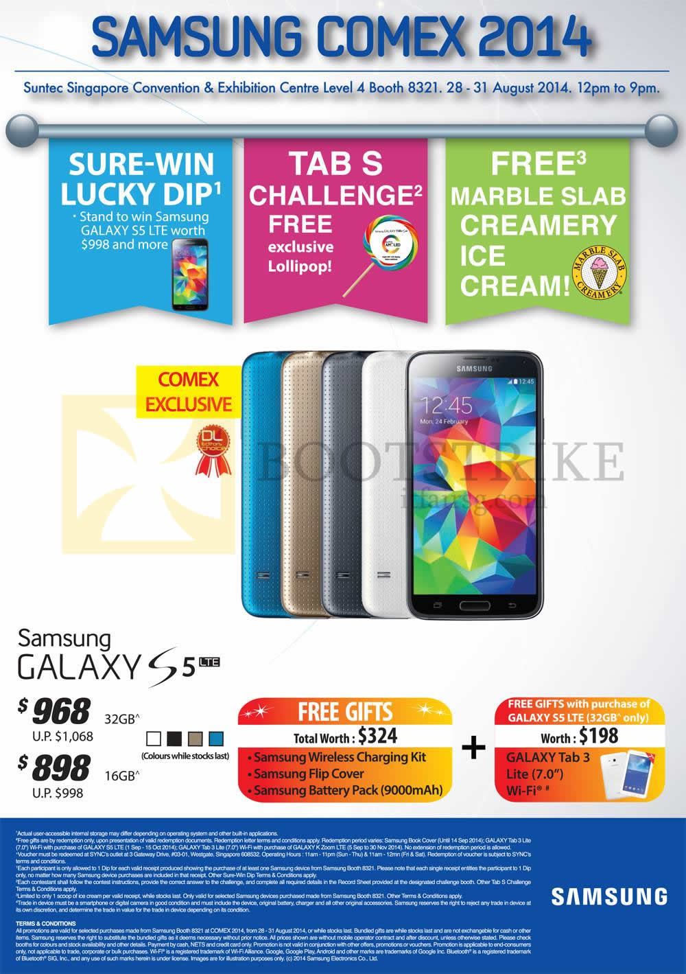 COMEX 2014 price list image brochure of Samsung Sure-Win Lucky Dip, Tab S Challenger, Free Ice Cream, Galaxy S5