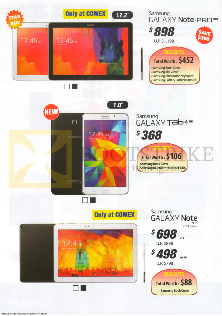 COMEX 2014 price list image brochure of Samsung Tablets Galaxy Note Pro 12.2, Galaxy Tab 4 7.0, Galaxy Note 10.1 2014 Edition