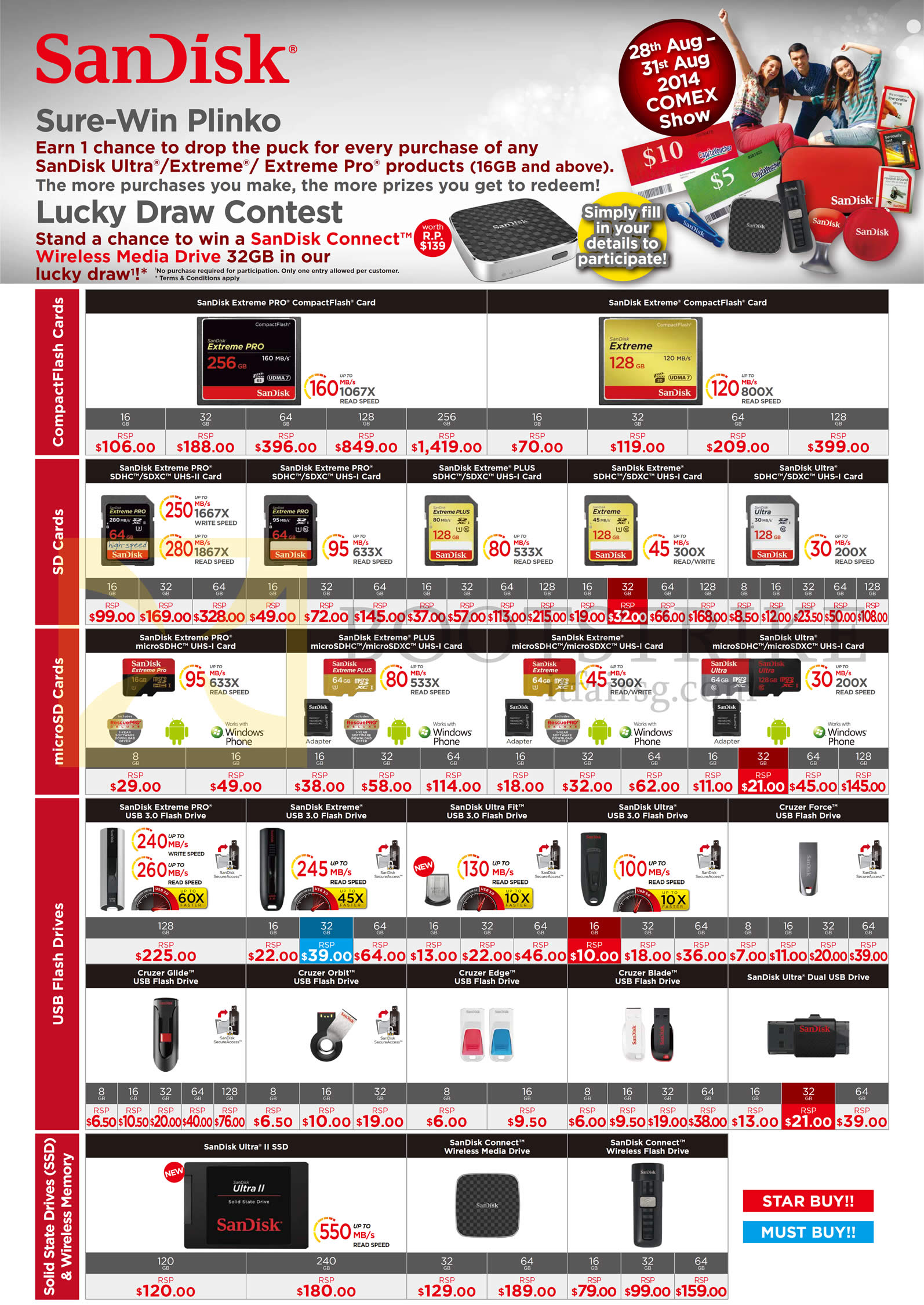 COMEX 2014 price list image brochure of Sandisk Memory Cards (RSP Prices) Flash USB, Compact Flash Cards CF, SD Cards, MicroSD Cards, Drives, SSDs, Wireless Memory