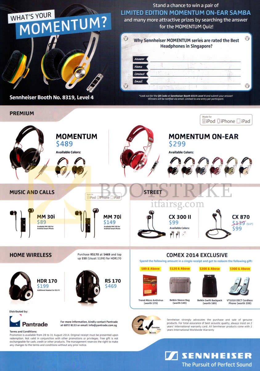 COMEX 2014 price list image brochure of Sennheiser Headphones, Earphones Momentum, Momentum-On-Ear, MM30i, MM70i, CX 300 II, CX870, HDR-170, RS 170