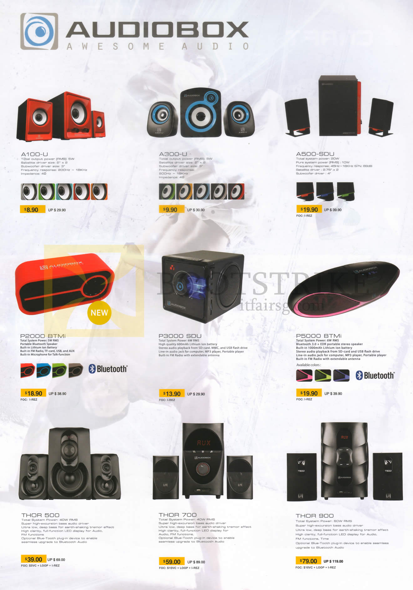 COMEX 2014 price list image brochure of SonicGear Audiobox Speaker Sets A100-U, A300U, A500U, P2000 BTMi, P3000 SDU, P5000 BTMi, Thor 500, Thor 700, Thor 900