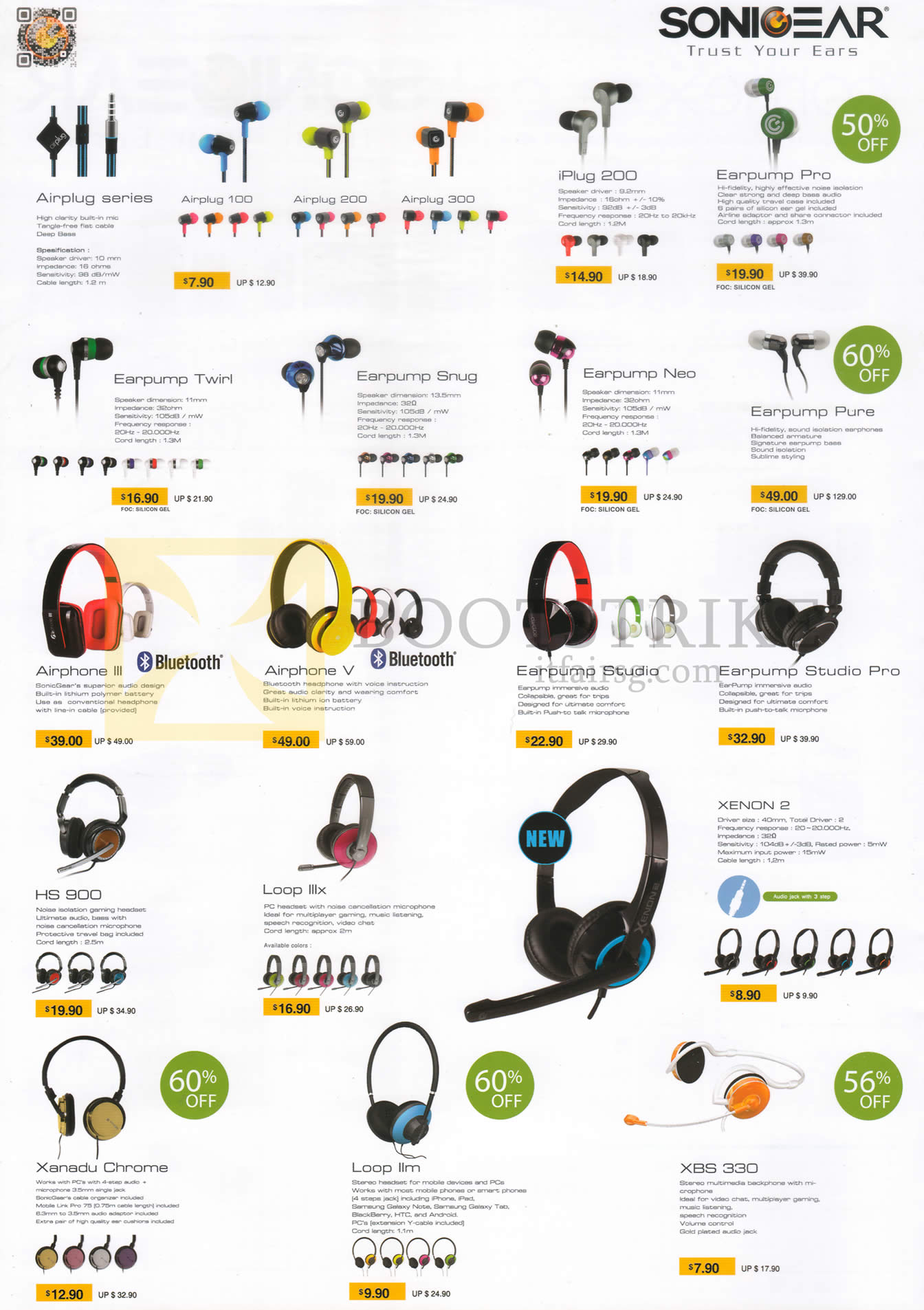 COMEX 2014 price list image brochure of SonicGear Headsets Earphones, Airplug 100 200 300, IPlug 200, Earpump Pro Neo Snug Twirl Pure, Airphone III V, Studio Pro, HS900, Loop IIIx, Xenon 2, Xanadu Chrome, Loop IIm, XBS 330