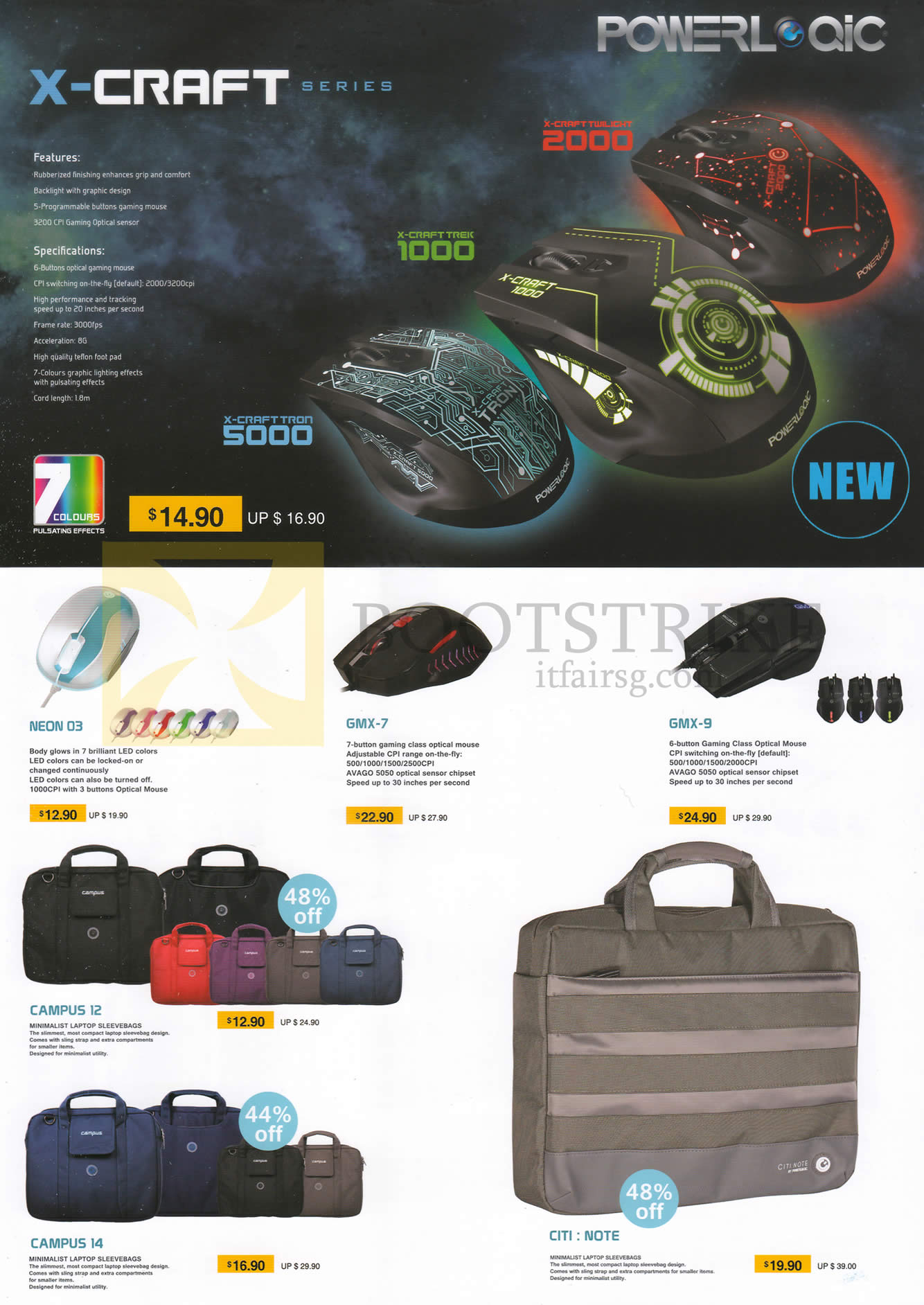 COMEX 2014 price list image brochure of SonicGear Powerlogic Mouse, Laptop, Tablet Bags, X-Craft, Neon 03, GMX-7, GMX-9, Campus 12, Campus 14, Citi Note
