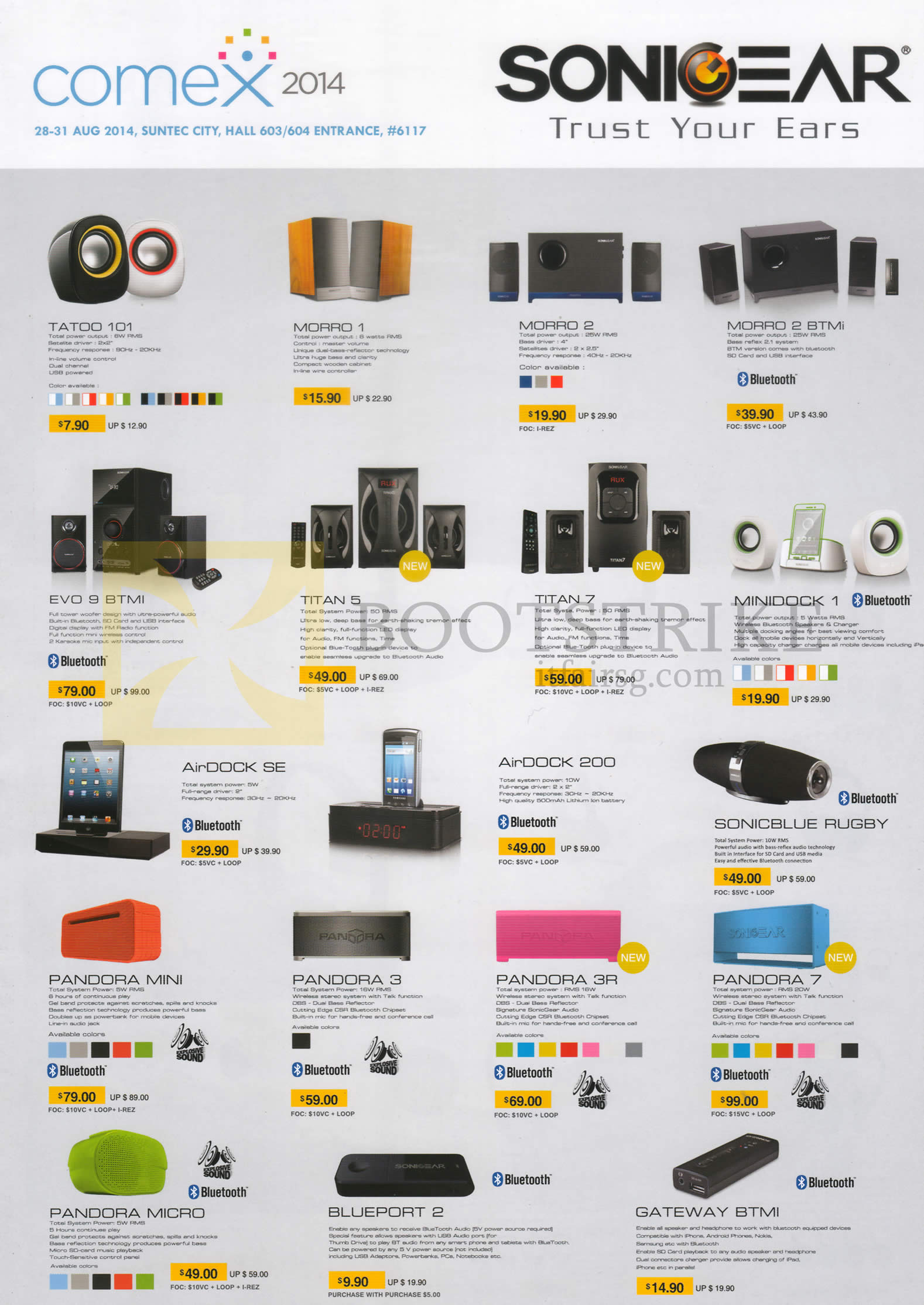 COMEX 2014 price list image brochure of SonicGear Speaker Sets Tatoo 101, Morro 1 2 BTMi, Evo 9, Titan 5, Titan 7, Minidock 1, AirDock SE, AirDock 200, Sonicblue Rugby, Pandora Mini 3 3, 7, Micro, Blueport 2, Gateway