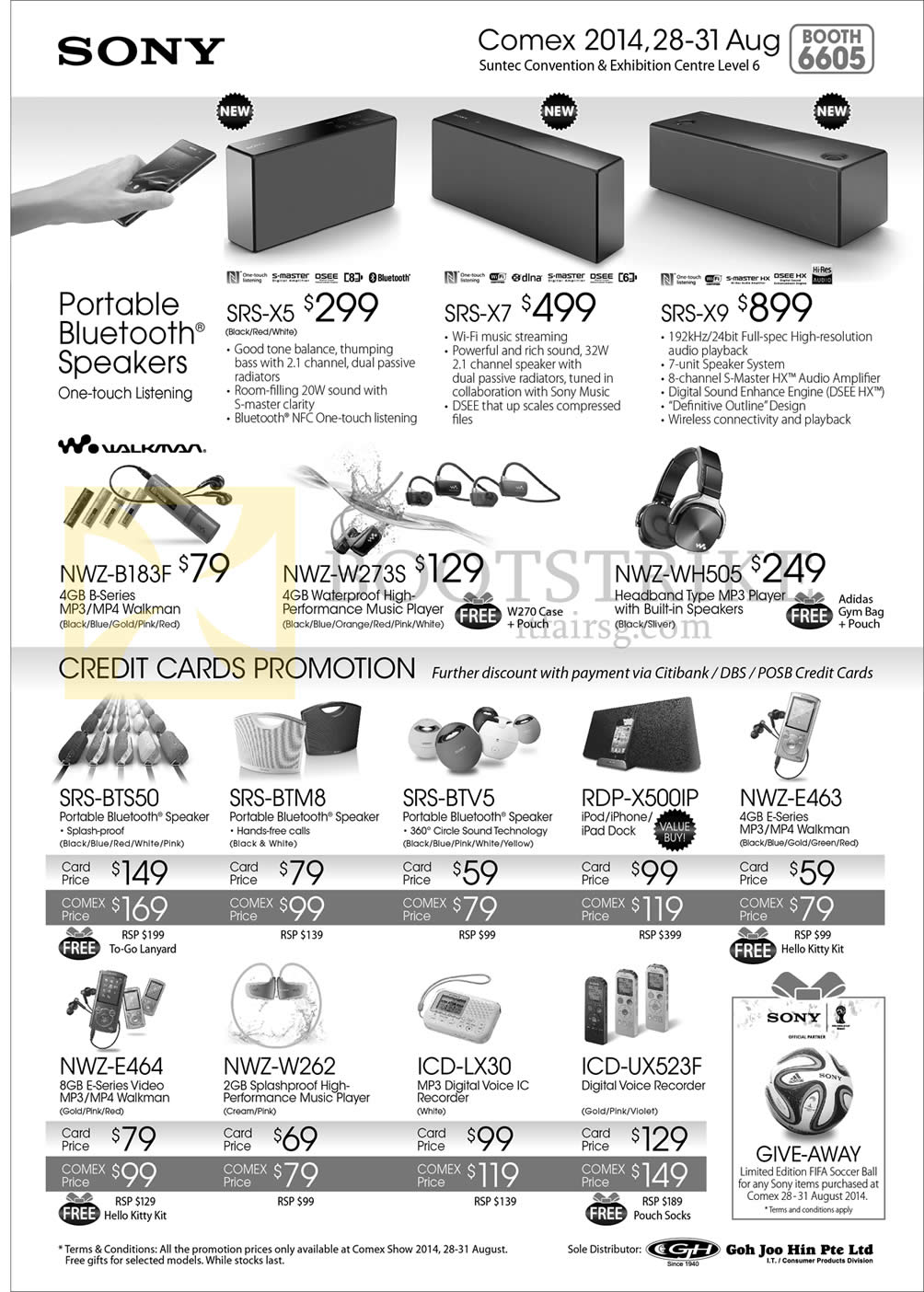 COMEX 2014 price list image brochure of Sony Bluetooth Speakers, Voice Recorders, Walkman, Music Player, Headphones, SRS-X5 X7 X9 BTS50 BTM8 BTV5, NWZ-B183F W273S WH505 E463 E464 W262, ICD
