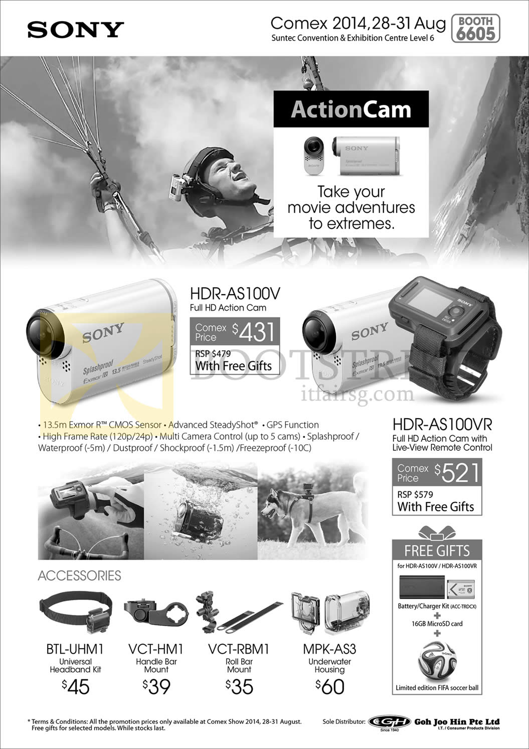 COMEX 2014 price list image brochure of Sony Camcorder HDR-AS100V HD Action Cam, Universal Headband Kit, Handle Bar Mount, Roll Bar Mount, Underwater Housing
