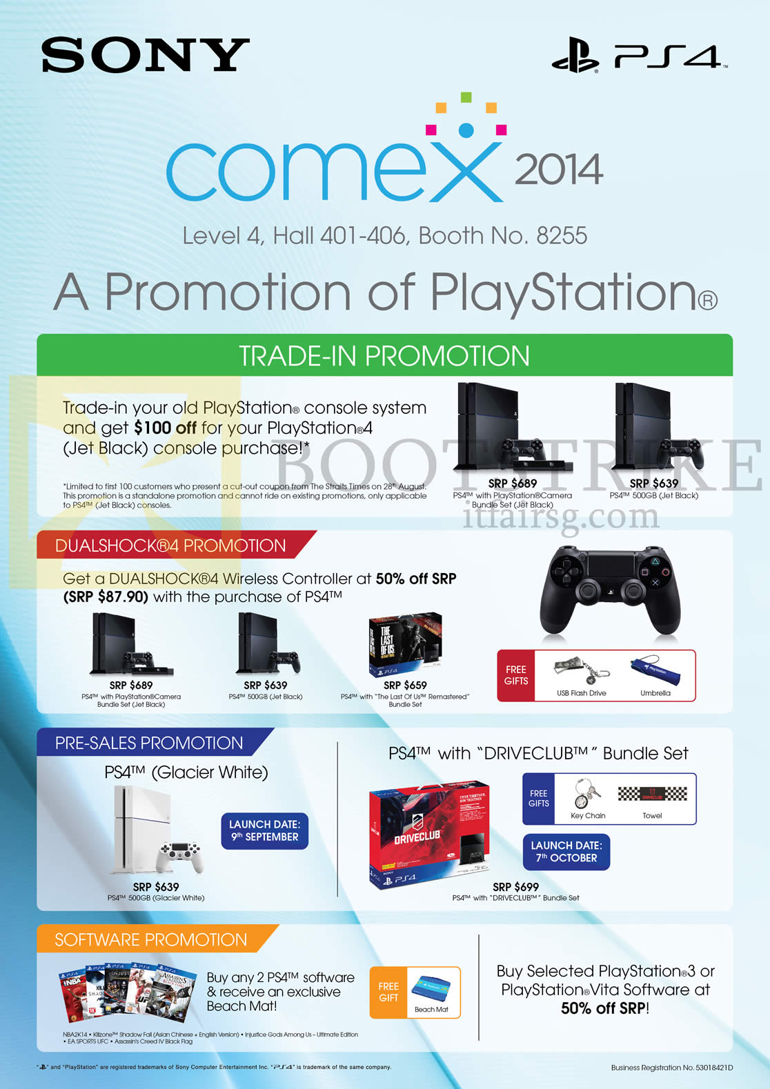 COMEX 2014 price list image brochure of Sony PlayStation 4 PS4, Trade-In, Dualshock Wireless Controller, Glacier White Pre-Order, Games