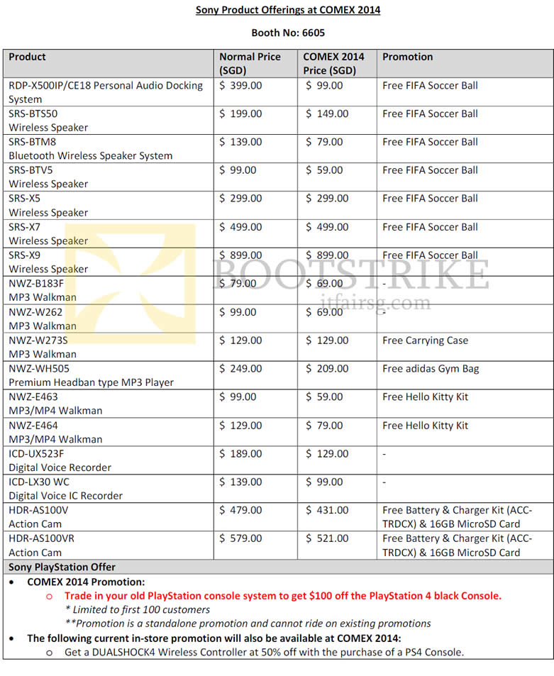COMEX 2014 price list image brochure of Sony Price List Speakers, Walkmans, Docking System, Digital Voice Recorder, Action Cam, Playstation PS4