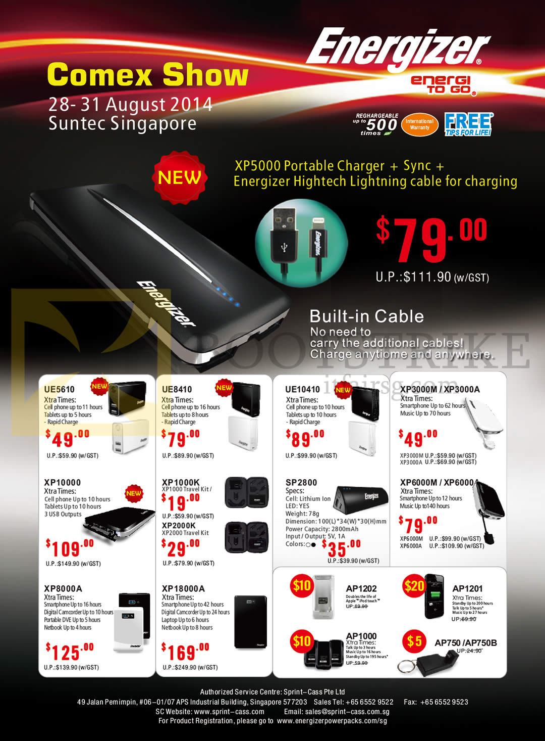 COMEX 2014 price list image brochure of Sprint-Cass Energizer Charger Power Bank, XP5000 10000 8000A 18000A 1000K 2000K 6000M 6000 3000M 3000A UE5610 8410 10410 SP2800 AP1202 1201 1000 750 750B