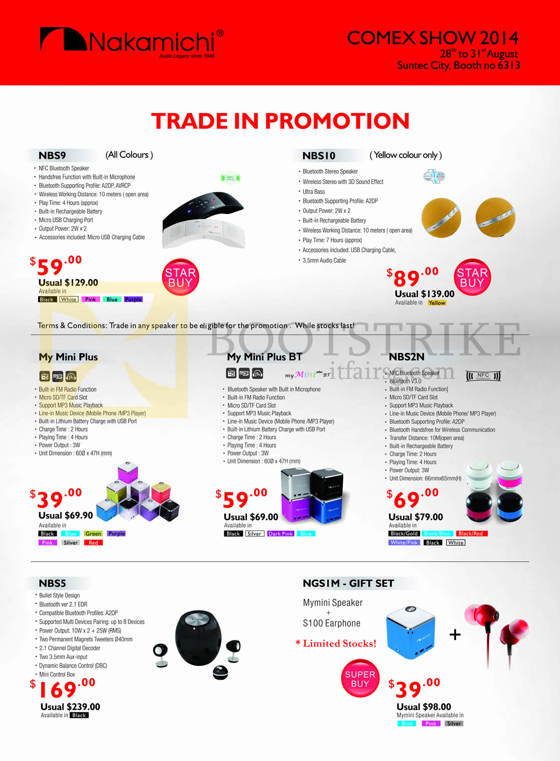 COMEX 2014 price list image brochure of Sprint-Cass Nakamichi Headsets, Earphones, MW3000, HS3000, V139, MV7, T169, T169, MV10, NAH950NC, BT201, NW7000
