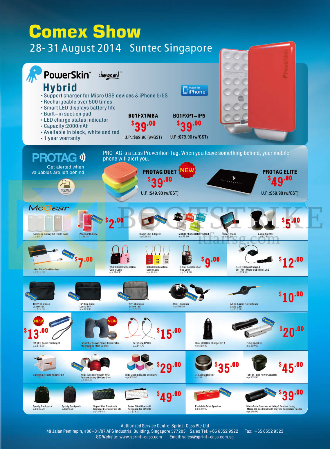 COMEX 2014 price list image brochure of Sprint-Cass Powerskin Protag McGear Accessories Hybrid Charger, Accessories, Speaker, Slip Case, Earphone, Flashlight, Padlock, Speaker, Keyboard, Adapter