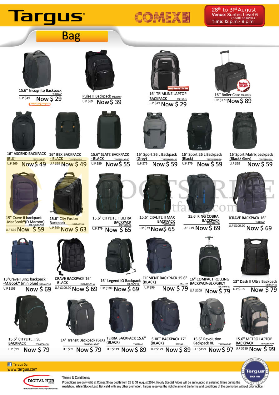 COMEX 2014 price list image brochure of Targus Bags Backpacks Incognito, Pulse II, Trimline, Ascend, Bex, Slate, Sport, Crave II, City Fusion, Citylite II Max