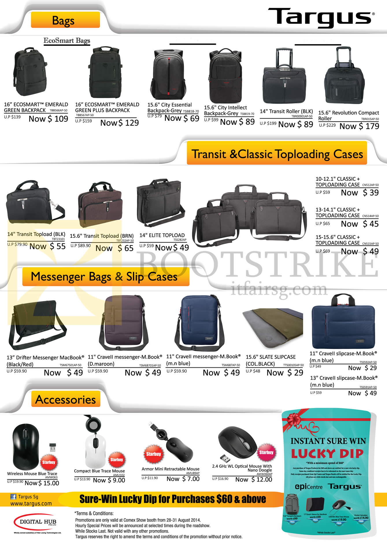 COMEX 2014 price list image brochure of Targus Bags, Toploading Cases, Messenger Bags, Slip Cases, Accessories