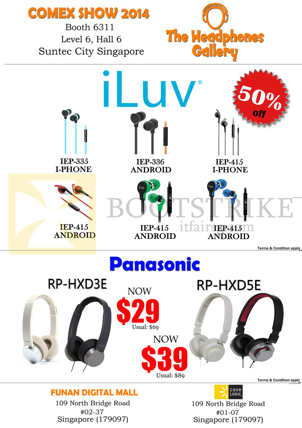 COMEX 2014 price list image brochure of The Headphones Gallery ILuv Earphones, Panasonic Headphones, IEP 335 336 415, RP-HXD3E HXD5E