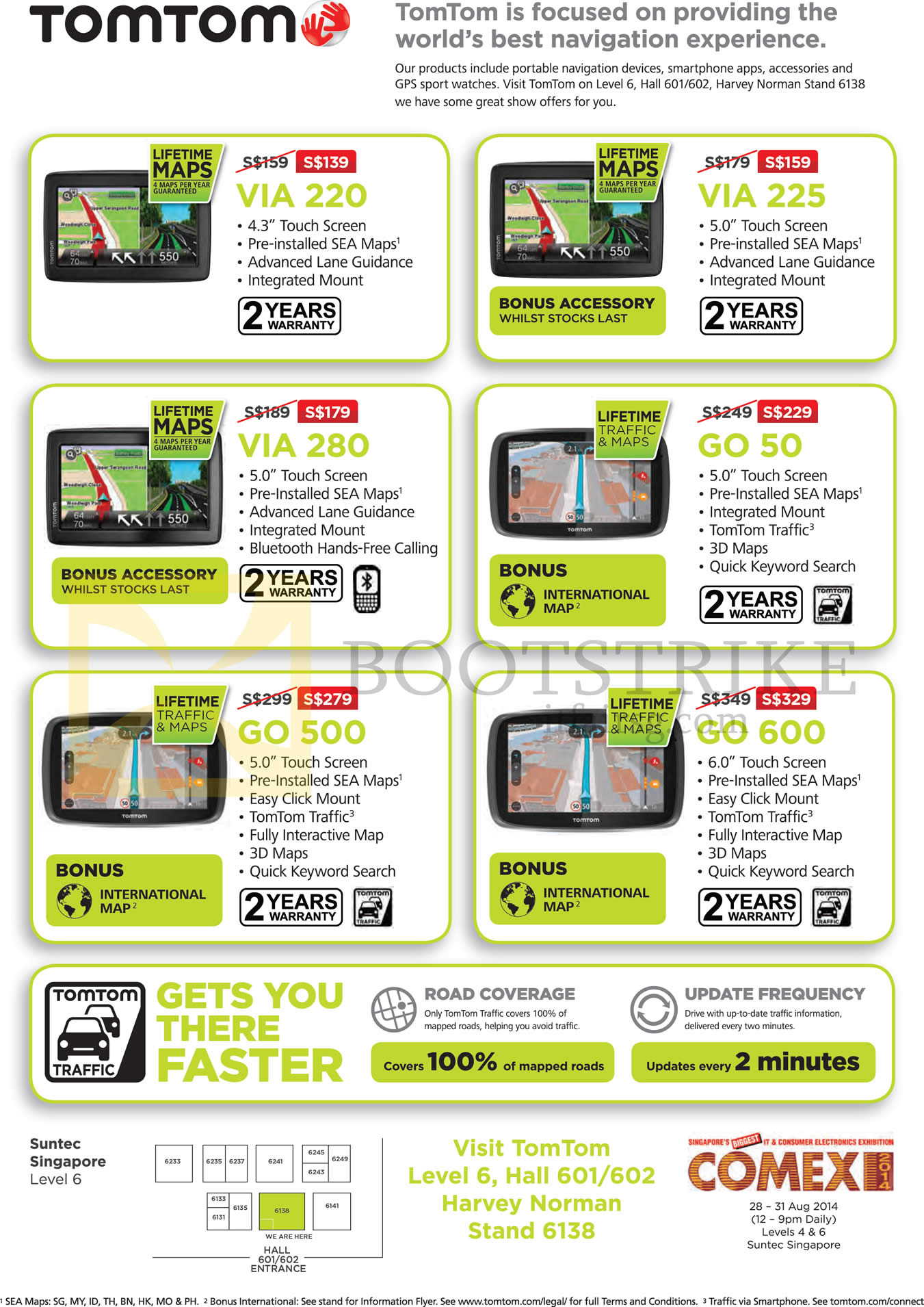 COMEX 2014 price list image brochure of TomTom GPS Navigators VIA 220 225 280, GO 50 500 600