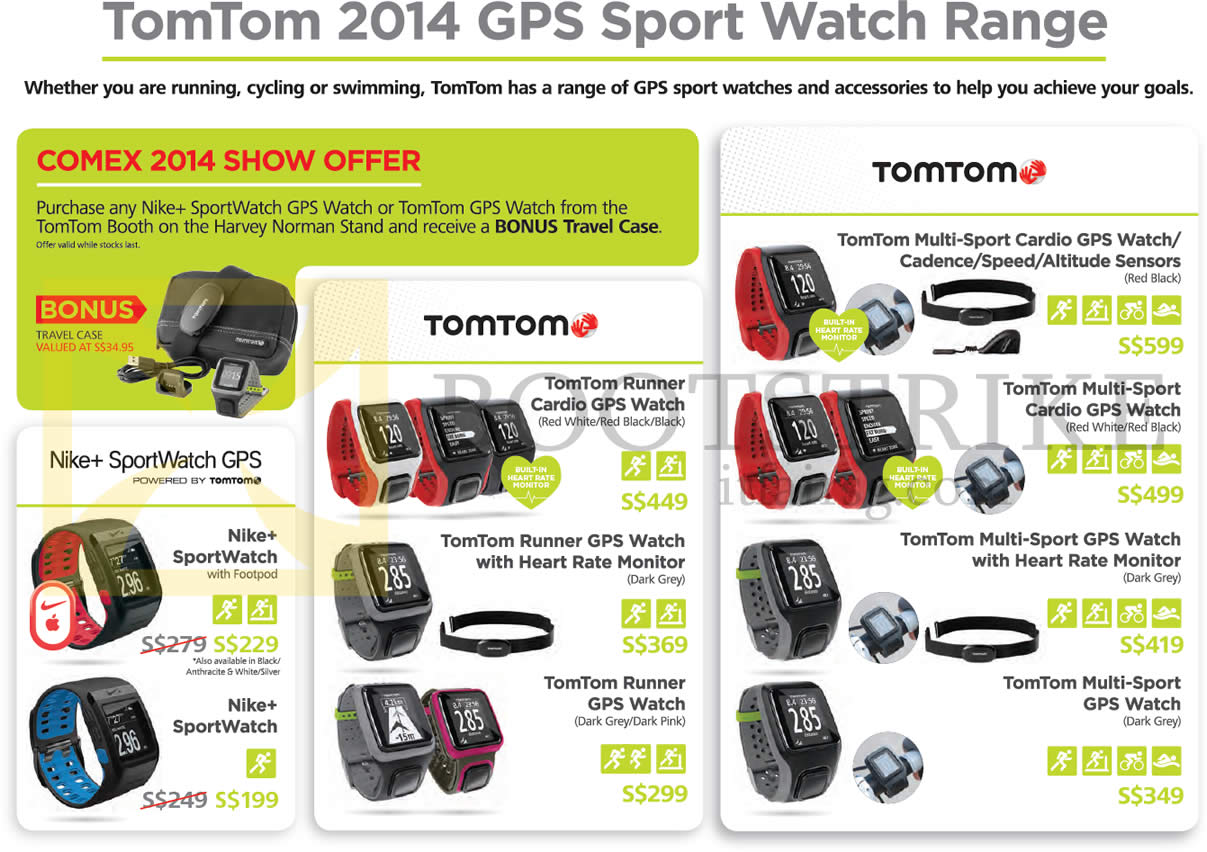 COMEX 2014 price list image brochure of TomTom GPS Watches Nike Plus SportWatch, Runner Cardio, Runner