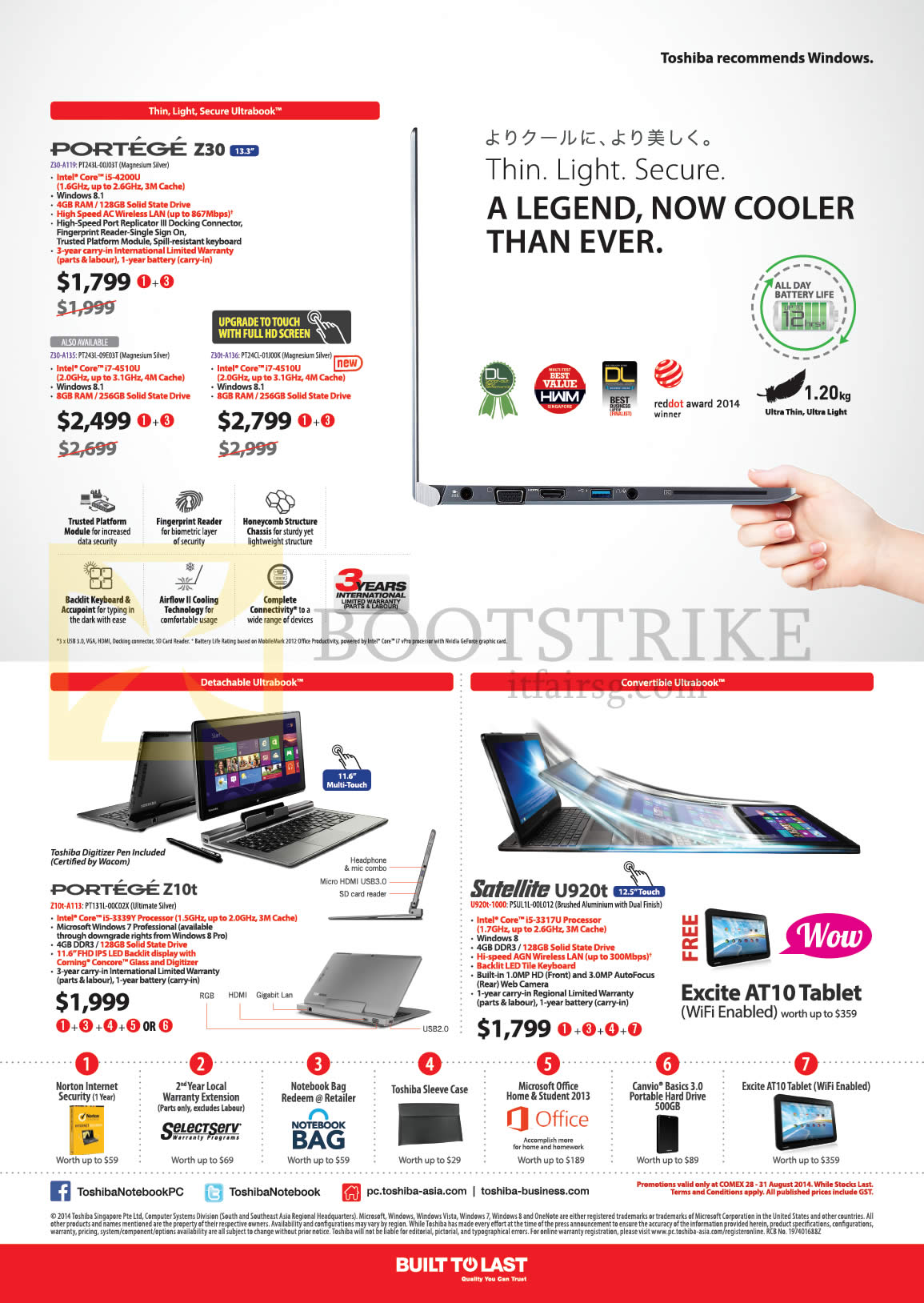 COMEX 2014 price list image brochure of Toshiba Notebooks Portege Z30, Z10t, Satellite U920t, Excite AT10 Tablet