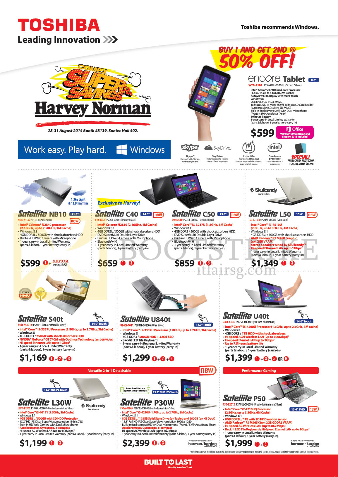 COMEX 2014 price list image brochure of Toshiba Notebooks Satellite NB10, C40, C50, L50, S40t, U840t, U40t, L30W, P30W, P50, Encore Tablet