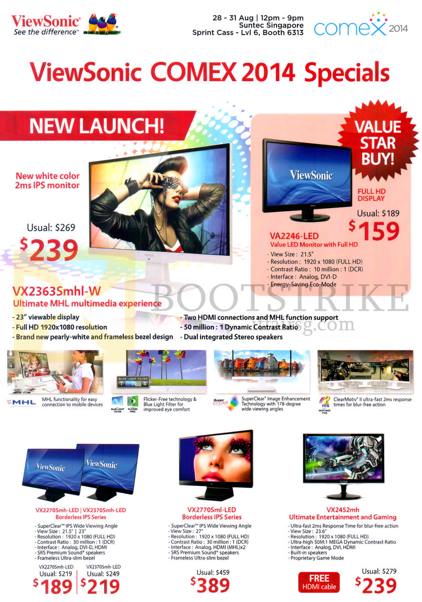 COMEX 2014 price list image brochure of Viewsonic Monitors LED VA2246, VX2363Smhl-W, VX2270mh, VX2370Smh, VX2770Sml, VX2452mh