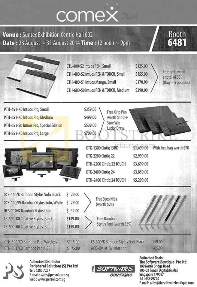 COMEX 2014 price list image brochure of Wacom Tablets Cintiq, Intuos Pen Manga Touch, Pro, 13HD, 22 Touch, 24 Touch, Bamboo Stylus Solo, Duo, Creative Stylus, Bamboo Pad