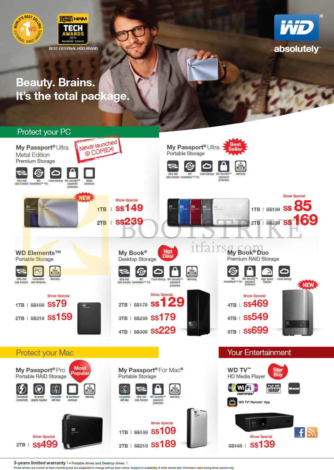 COMEX 2014 price list image brochure of Western Digital WD External Storage Drives My Passport Ultra, Elements, My Book, My Book Duo, My Passport Pro, WD TV Media Player
