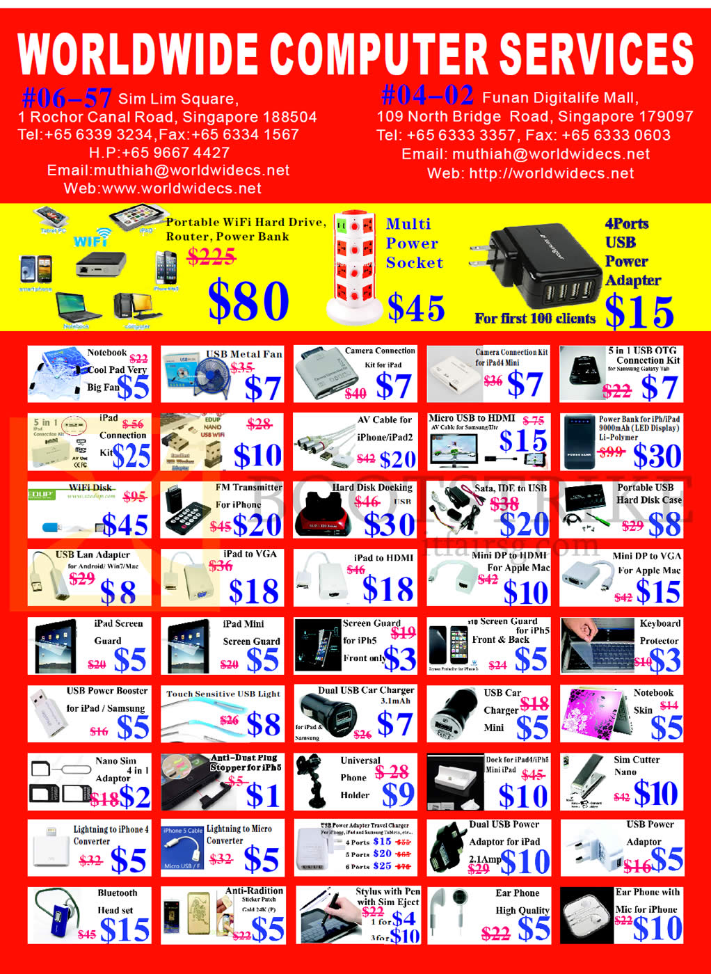 COMEX 2014 price list image brochure of Worldwide Computer Services Accessories Adapters, Wifi Disk, Notebook Cooler, Cables, Mini DP, Dock, Sim Cutter, USB Power Adaptor, Bluetooth Headset, Earphone