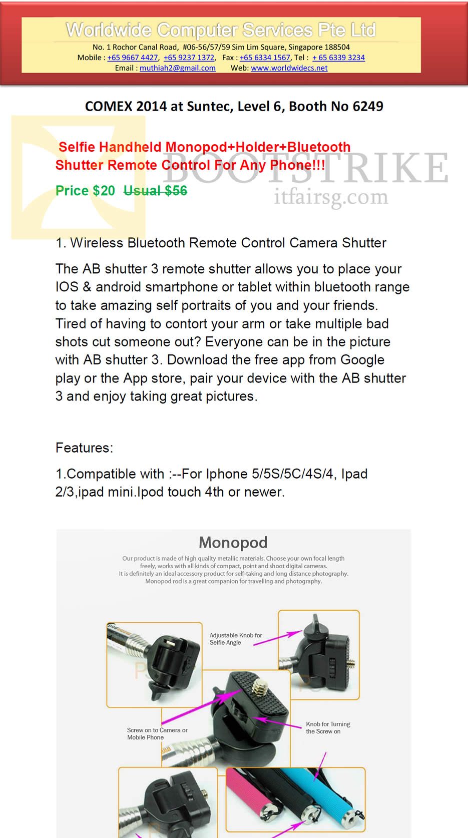 COMEX 2014 price list image brochure of Worldwide Computer Services Selfie Handheld Monopod, Holder, Bluetooth Shutter Remote Control