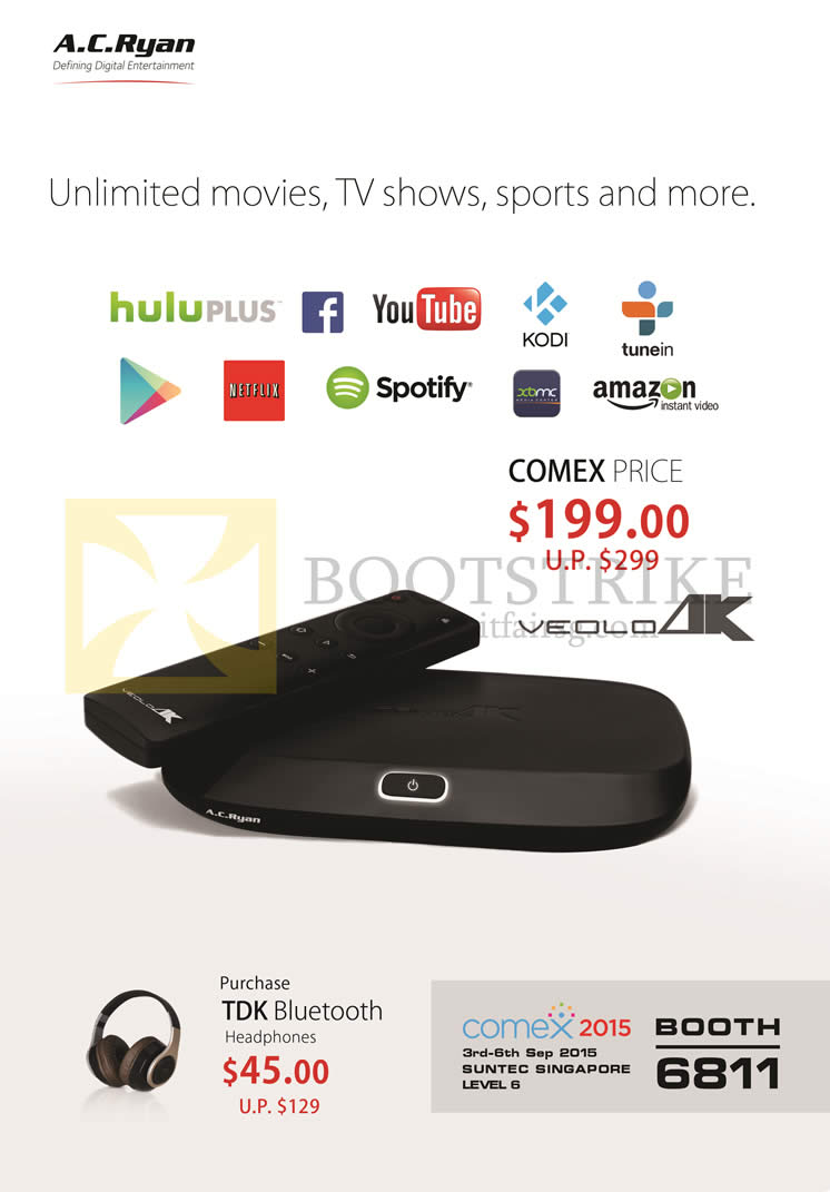 COMEX 2015 price list image brochure of AC Ryan Veolo 4K Meida Hub, TDK Bluetooth