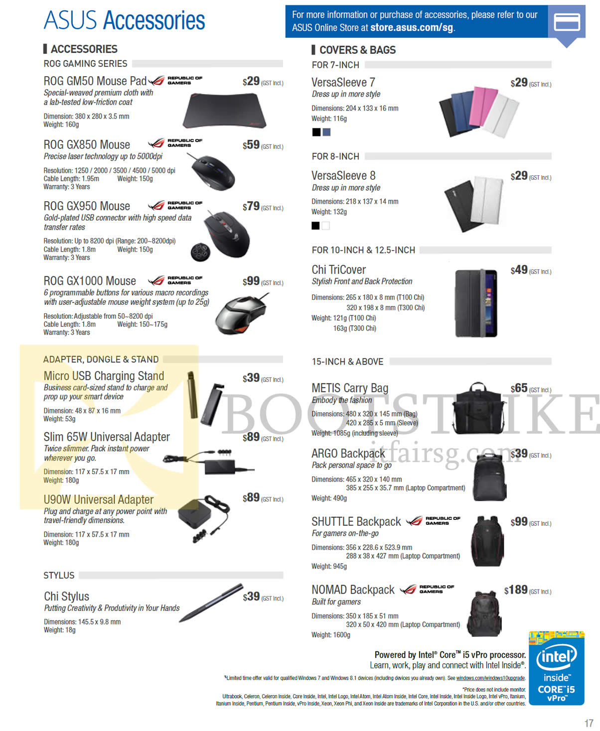 COMEX 2015 price list image brochure of ASUS Accessories, Covers, Bags, Backpacks, Sleeves, Mousepads, Mouse, Universal Adapters, Stylus Pen