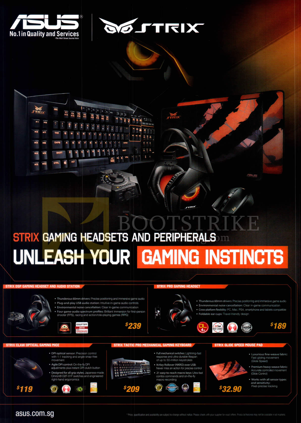 COMEX 2015 price list image brochure of ASUS Gaming Headsets Strix DSP, Claw Optical Mouse, Pro, Tactic Pro Mechanical Keyobard, Glow, Glide Speed Mouse Pad