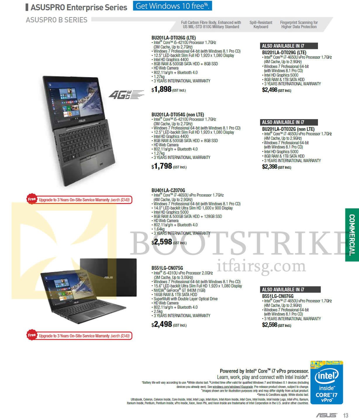 COMEX 2015 price list image brochure of ASUS Notebooks ASUSPro Enterprise BU201LA-DT026G, DT029G, 054G, 032G, BU401LA-CZ070G, B551LG-CN075G, CN076G