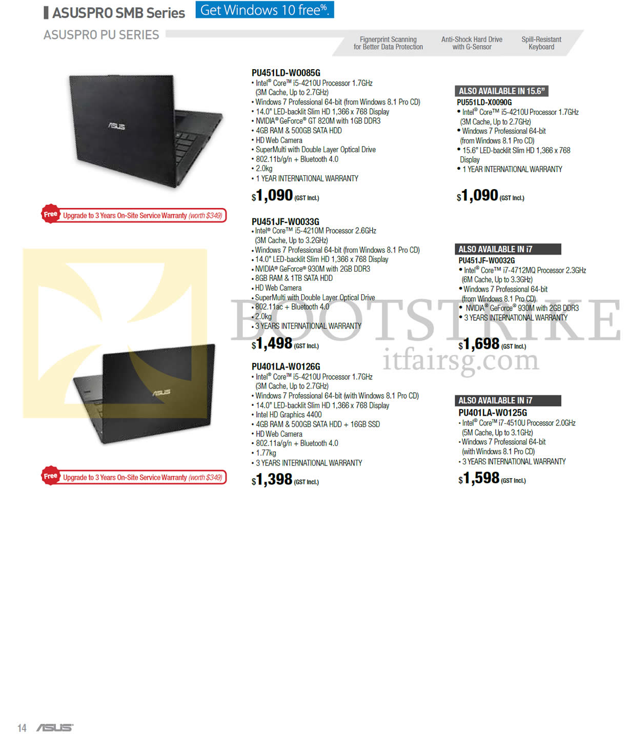 COMEX 2015 price list image brochure of ASUS Notebooks ASUSPro SMB PU451LD-W0085G, 451JF-W0033G, PU551LD-X0090G, 451JF-W0032G, 401LA-W0126G, W0125G