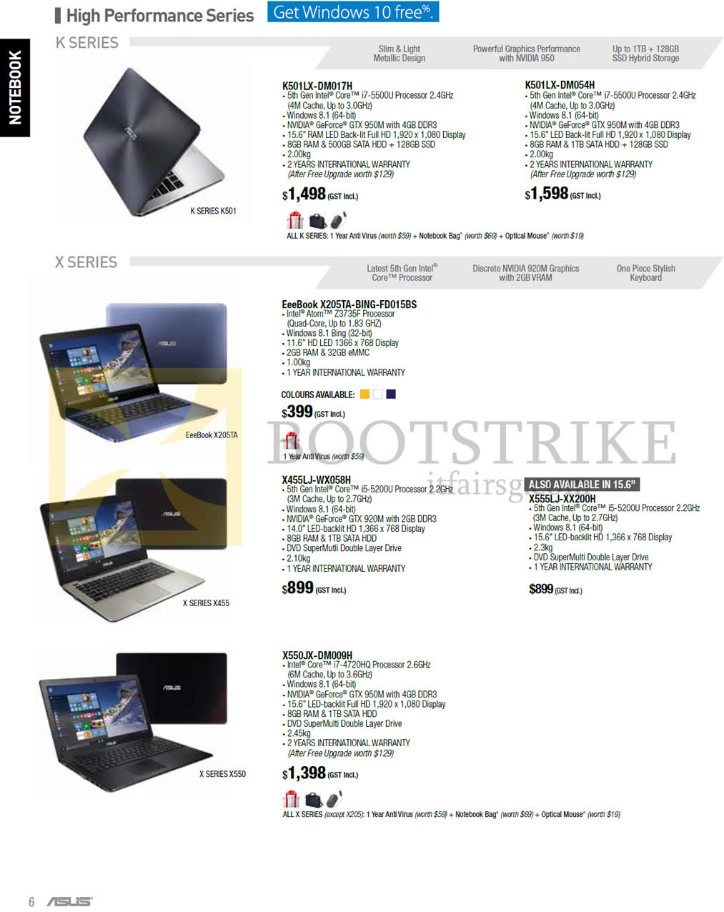 COMEX 2015 price list image brochure of ASUS Notebooks, K Series, X Series, K501LX-DM017H, K501LX-DM054H, EeeBook X205TA-BING-FD015BS, X455LJ-WX058H, X555LJ-XX200H, X550JX-DM009H