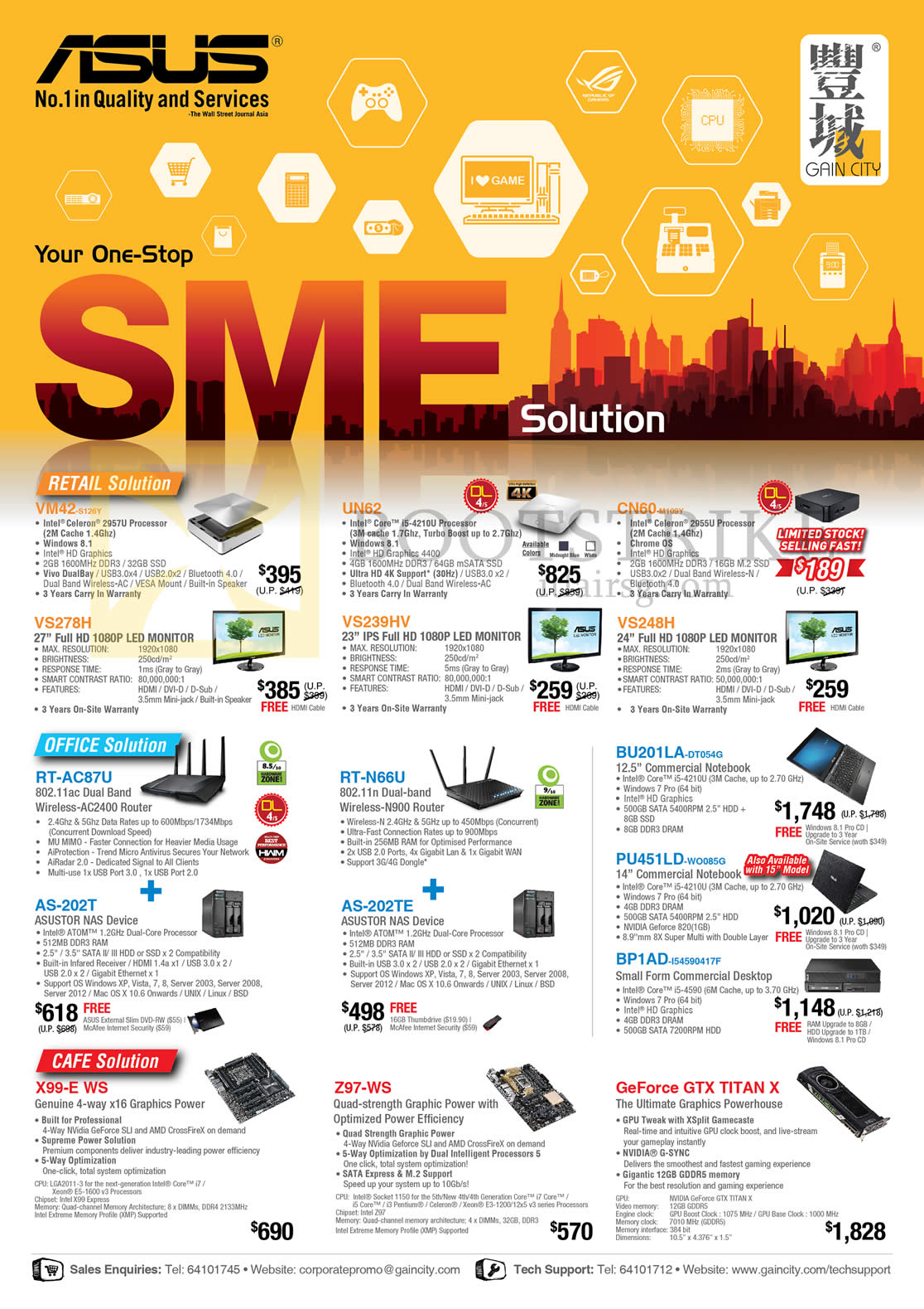 COMEX 2015 price list image brochure of ASUS SME Networking Notebooks Cafe Montiors, VM42-S126Y, UN62, CN60-M109Y, VS248H VS239HV VS278H, RT-AC87U RT-N66U, S-202TE, AS-202T, X99-E WS, Z97-WS, GeForce