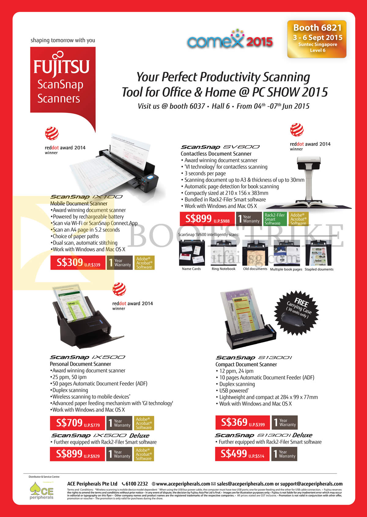 COMEX 2015 price list image brochure of Ace Peripherals Fujitsu Scanners ScanSnap IX100, SV600, IX500, S1300i