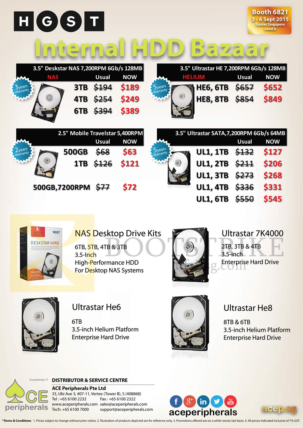 COMEX 2015 price list image brochure of Ace Peripherals Inter HDD Bazaar WD Green, Red, Black, Deskstar NAS, Ultrastar, Mobile Travelstar, NAS Desktop Drive Kit, Ultrastar 7K4000, Ultrastar He6, He8