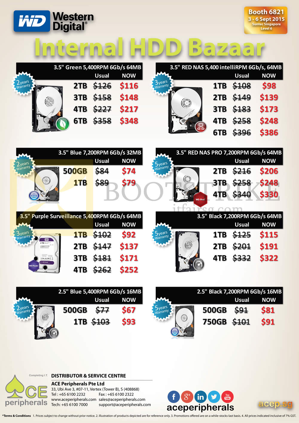 COMEX 2015 price list image brochure of Ace Peripherals Inter HDD Bazaar WD Green, Red, Black, Purple Surveillance, Red NAS 500GB, 1TB, 2TB, 3TB, 4TB, 6TB