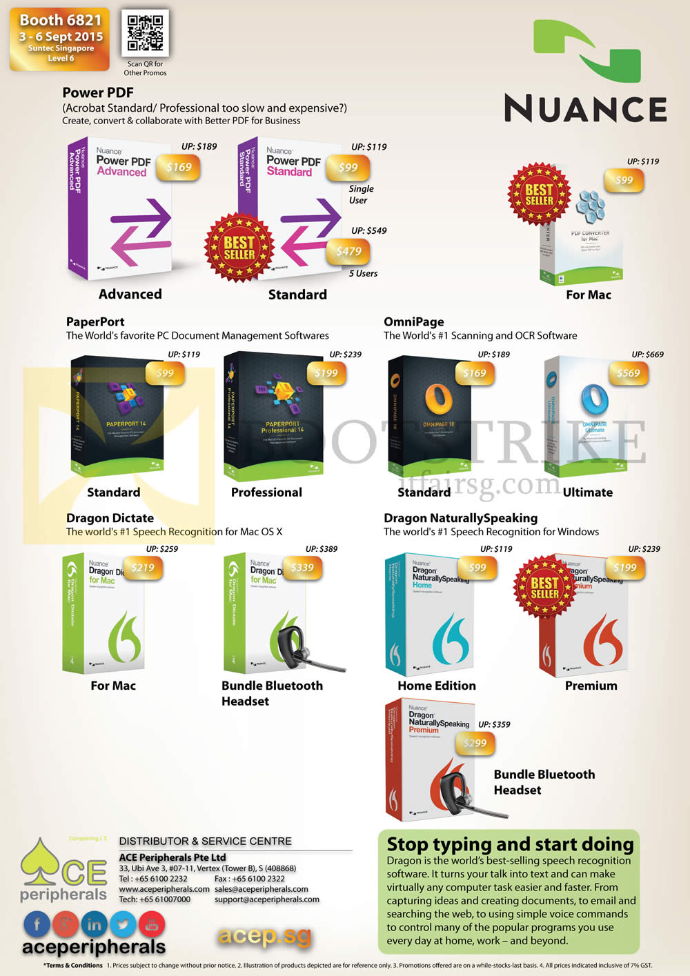 COMEX 2015 price list image brochure of Ace Peripherals Nuance Softwar Power PDF, PaperPort, Omnipage, Dragon Dictate, Dragon Naturally Speaking Advanced