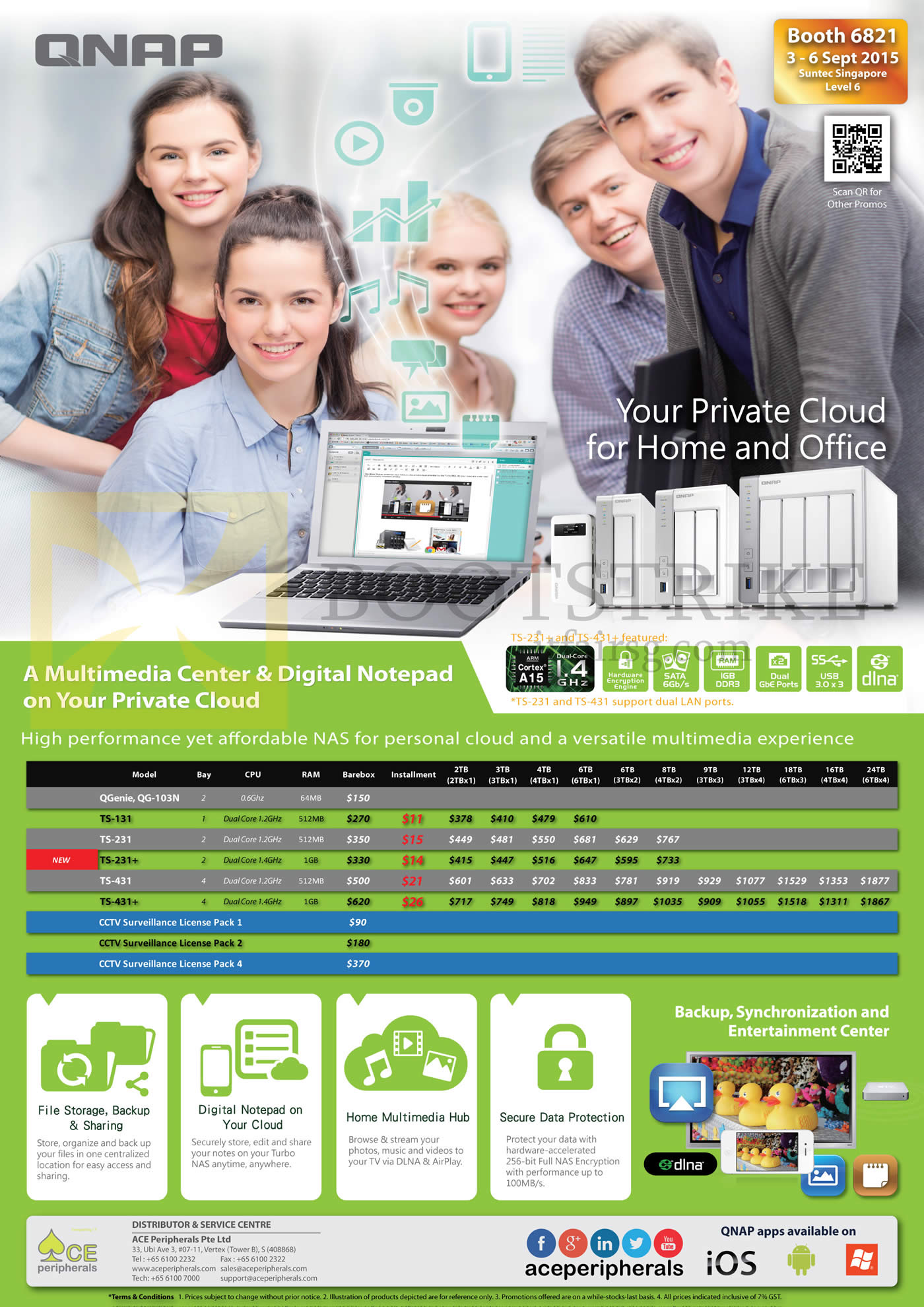 COMEX 2015 price list image brochure of Ace Peripherals QNAP NAS QGenie, QG-103N, TS 131, TS231, TS 231 Plus, TS431, TS 431 Plus, CCTV Surveillance License Pack 1, 2, 4