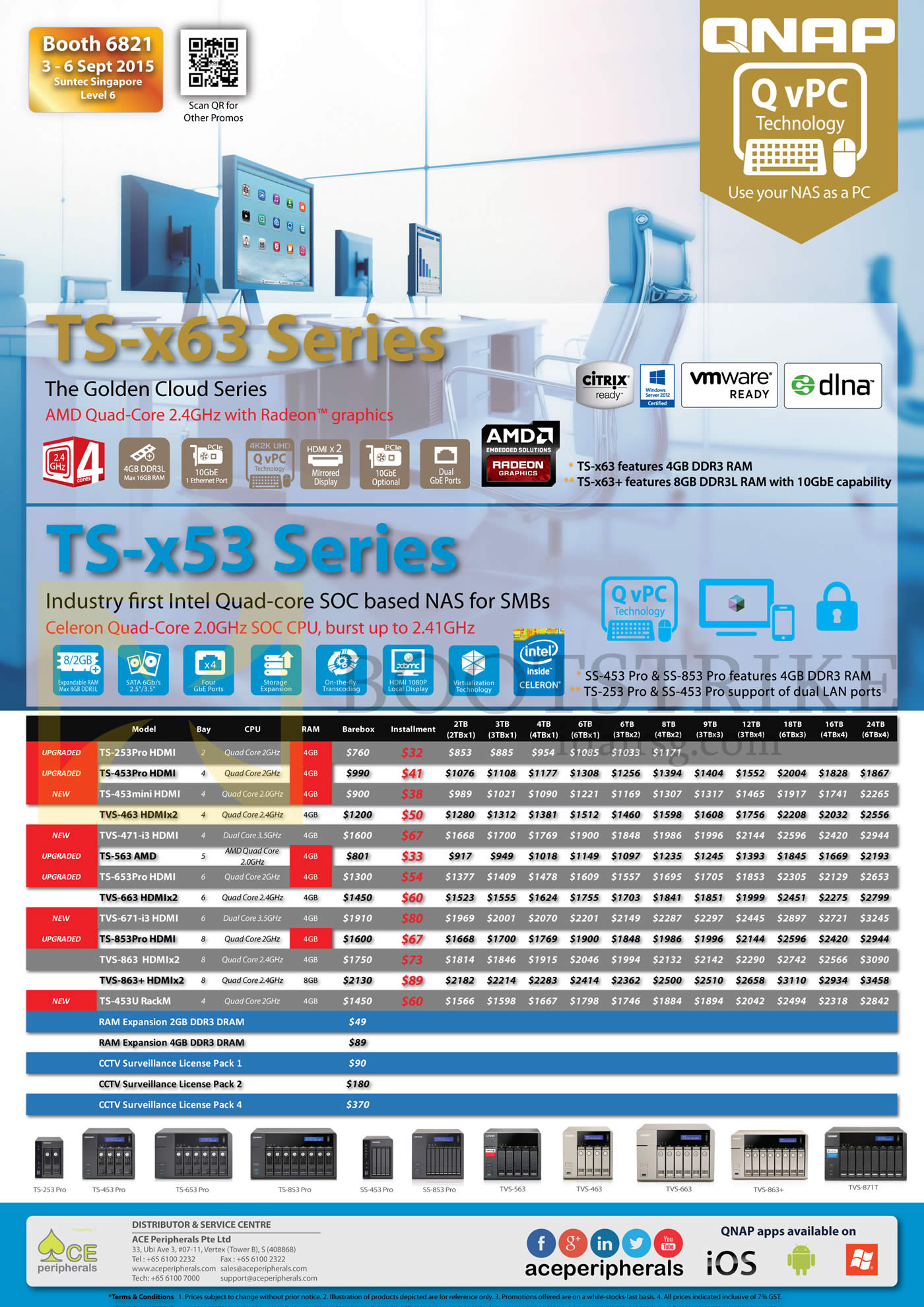 COMEX 2015 price list image brochure of Ace Peripherals QNAP NAS TS X53, TS X63, TS-253PRO, TS-453PRO, 453mini, TVS 463, 471, 563, TS-653PRO, TVS-663,671, TS-853PRO, TVS 863, 863 Plus