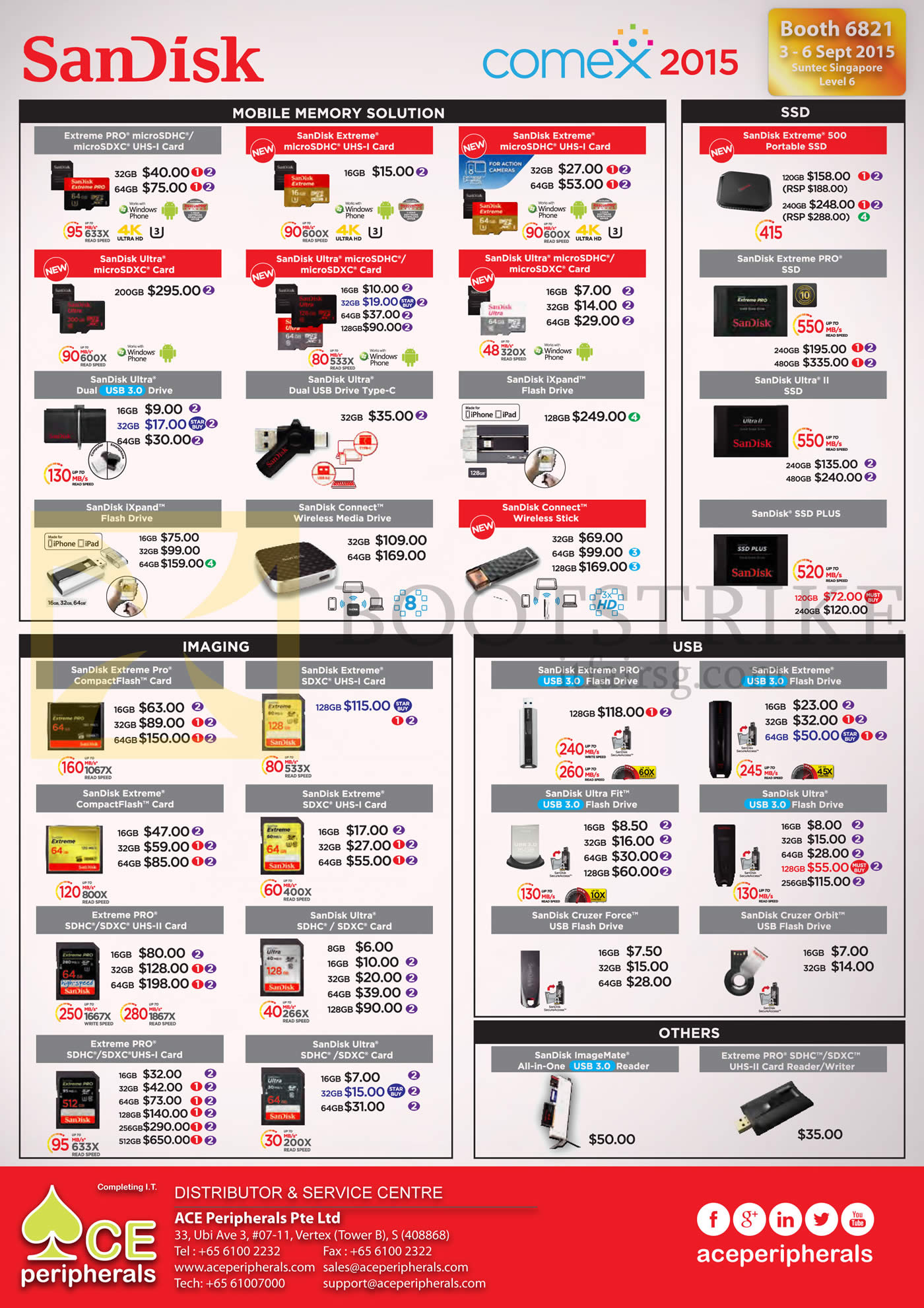 COMEX 2015 price list image brochure of Ace Peripherals Sandisk Memory SSD, USB, Extreme PRO, USB Flash, Ultra, Connect, UltraFit, Cruzer Force, Orbit, Ultra, Extreme RP SDHC, SDXC UHS-II Card Reader, Writer