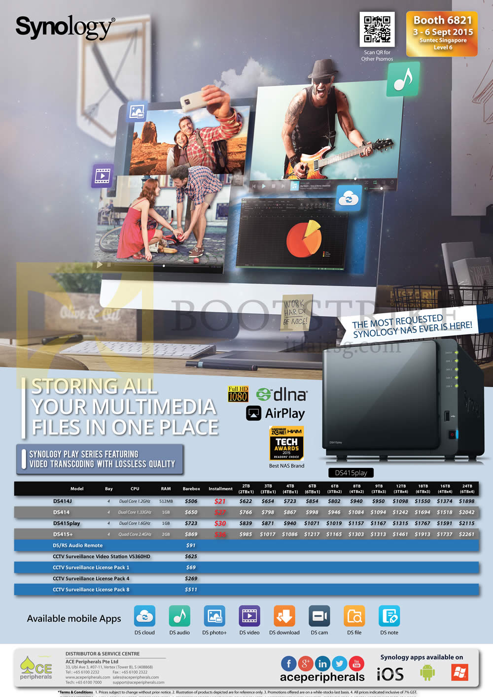 COMEX 2015 price list image brochure of Ace Peripherals Synology NAS DS414J, DS414, DS415play, DS415 Plus, CCTV Surveillance License Pack 1, 4, 8, CCTV Surveillance Video Station VS360HD