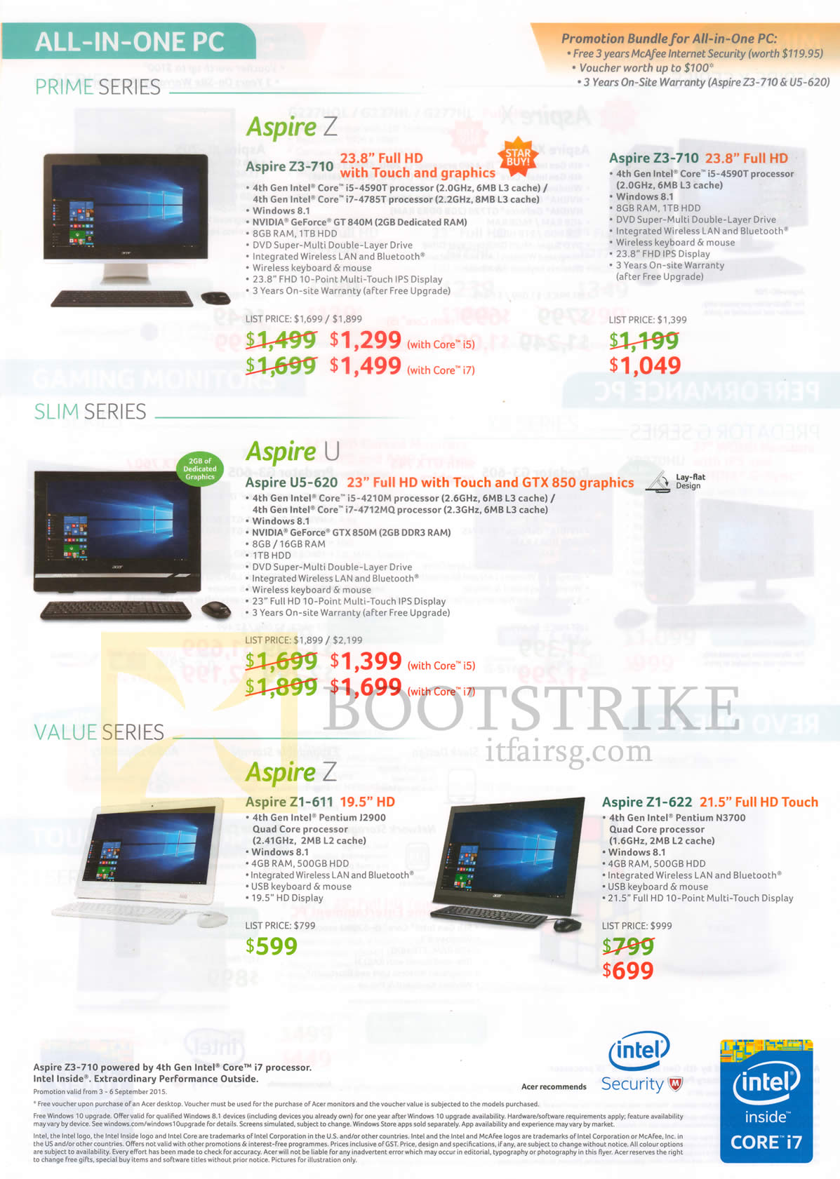 COMEX 2015 price list image brochure of Acer AIO Desktop PCs Aspire Z3-710, Aspire U5-620, Aspire Z1-611, Z1-622