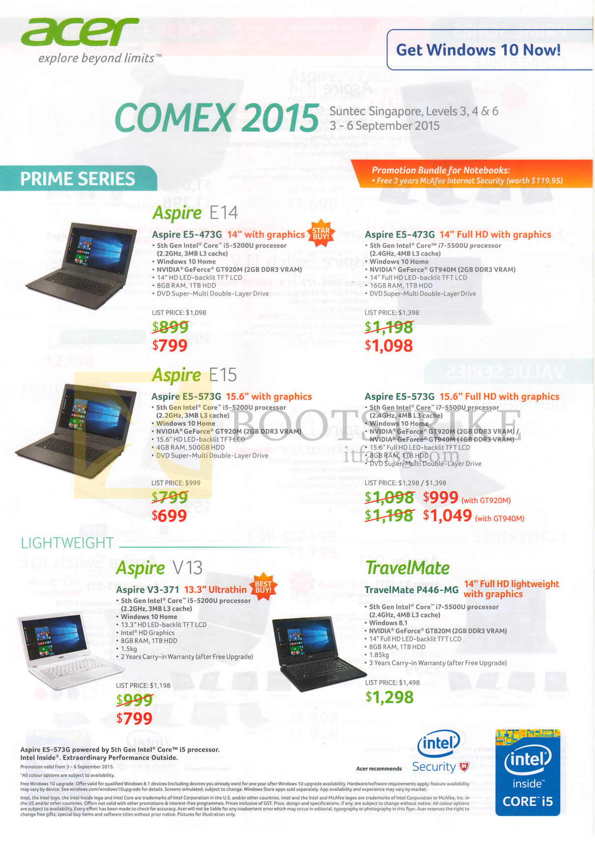 COMEX 2015 price list image brochure of Acer Aspire Notebooks, E5-473G, E5-573G, V3-371, TravelMate P446-MG, E14 E15 V13